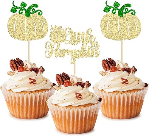 24 piezas de decoración de cupcakes de calabaza con purpurina con temática de otoño para Acción de Gracias, Halloween, baby shower, fiesta de