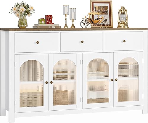 Miniatura 8 de finetones Armario buffet con almacenamiento, armario de buffet grande de 55.1 pulgadas, gabinete de cocina de granja con 3 cajones y 4 puertas,
