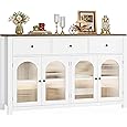 GarveeHome 62" Large Sideboard Buffet Cabinet with Storage and 3 Drawers, Buffet Table Coffee Bar Storage Cabinet with 4 Glass Doors for Dining Room, Living Room, Kitchen