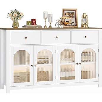 GarveeHome 62" Large Sideboard Buffet Cabinet with Storage and 3 Drawers, Buffet Table Coffee Bar Storage Cabinet with 4 Glass Doors for Dining Room, Living Room, Kitchen