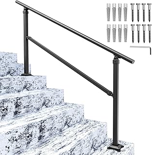 SPACEEUP Outdoor Stair Railing Fit for 1-5 Steps Transitional Handrails for Outdoor Steps Wrought Iron Handrail Flexible Height Step Handrail with Installation Kit, Matte Black