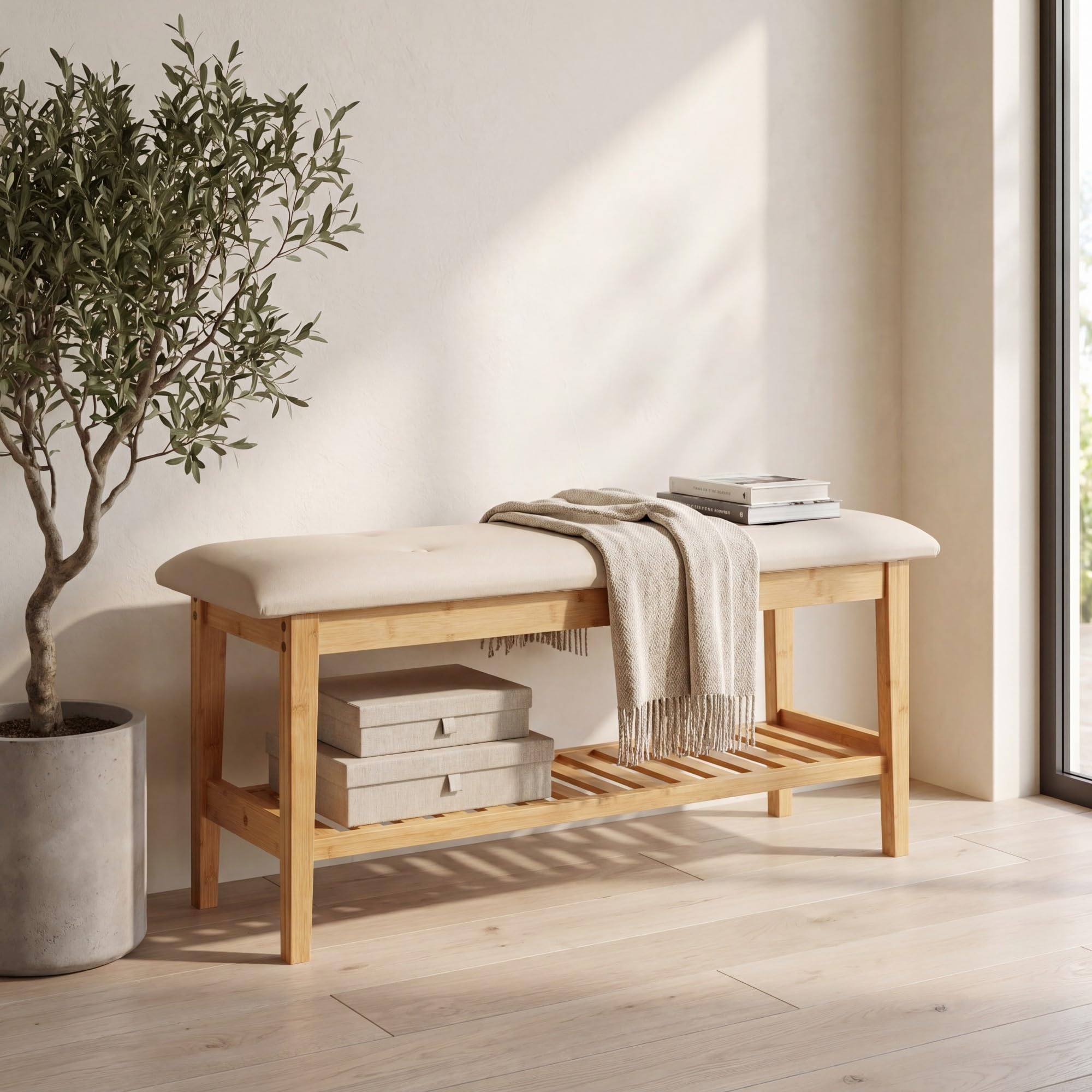 SOARS Banc en Bambou Rembourré Mousse Élastique, Banc d’Entrée 100 X 30 CM