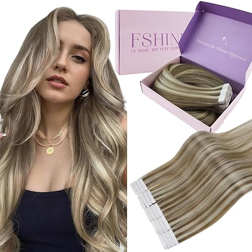Miniatura 42 de Fshine Extensiones de cabello humano con cinta, 12 pulgadas, 1.06 oz, balayage, castaño a rubio platino, 20 unidades, cabello Remy lacio invisible