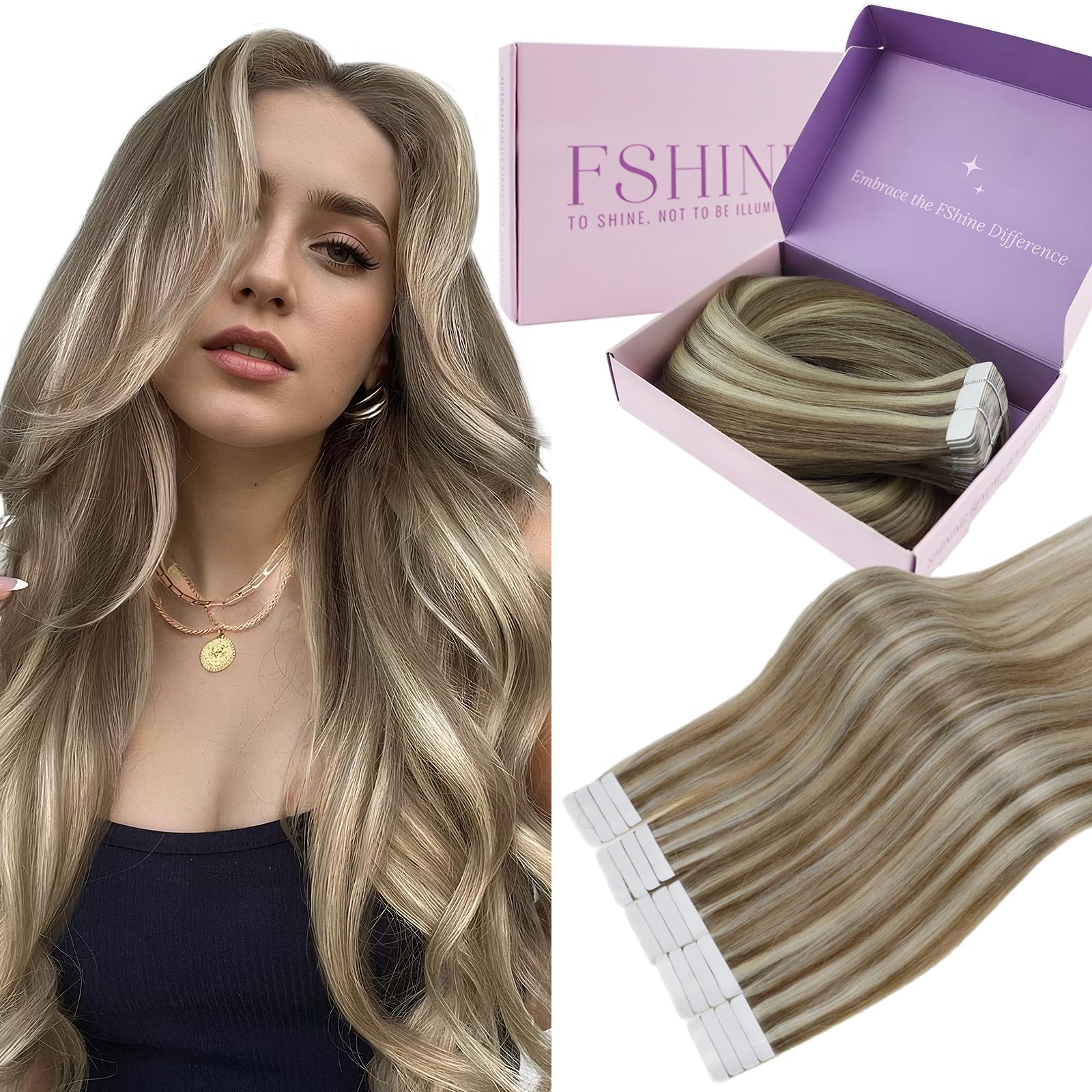 Fshine Extensiones Adhesivas Pelo Natural Extensiones de Cabello 14 Pulgadas 35CM 50g Rubio Dorado Highlight Rubio Claro 20PCS Cabello Humano Color 16P22 Color 16P22 — view 19