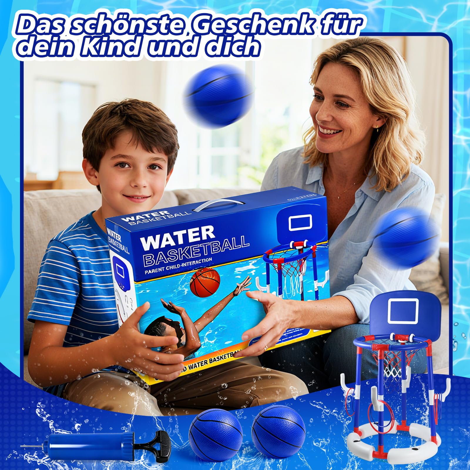 Joellfuner Canestro da Basket per Piscina, Canestro Piscina Galleggiante, Set da Canestro Basket Piscina, con 6 Palloni e Pompa, Gioco Acqua Cerchi da Lancio, Giochi Piscina per Bambini Adulti (Blu)