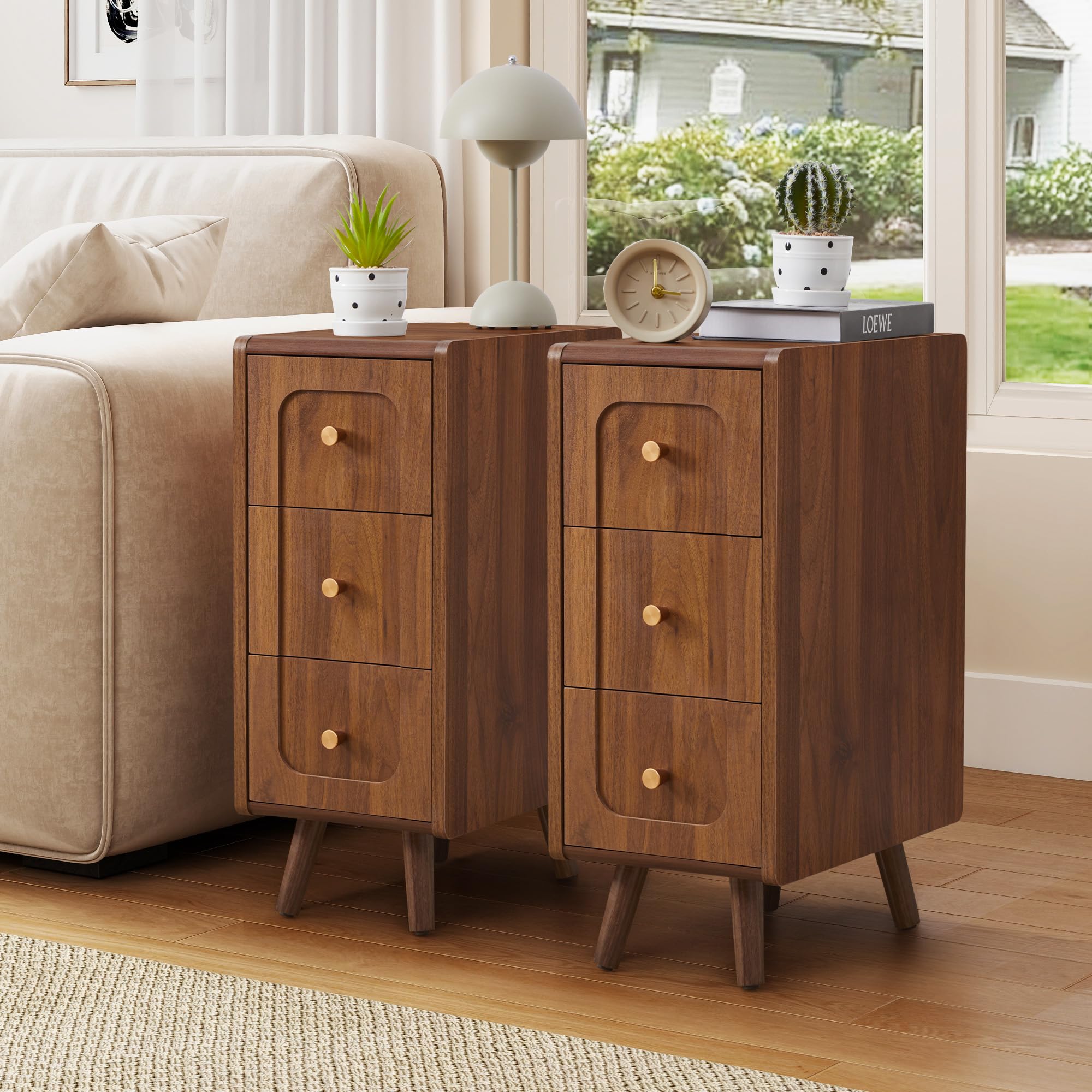 Narrow Nightstand with 2 Drawers, Small Bedside Tables, Mid-Century Modern Slim Night Stand with Storage, Wooden End Table for Small Spaces, Bedroom, Living Room (Walnut-1PCS) — view 16