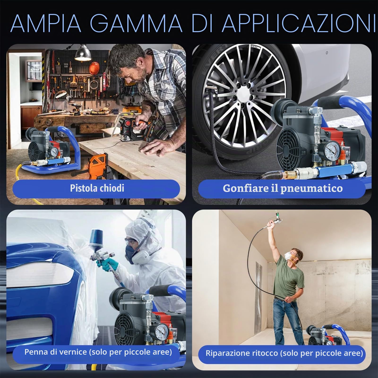 Compressore d'aria a Batteria, Compressore Aria Senza Olio Portatile, Pressione Massima 8 Bar, Capacità 1,5 L, Manometro, Include 2 Batterie e Caricabatterie