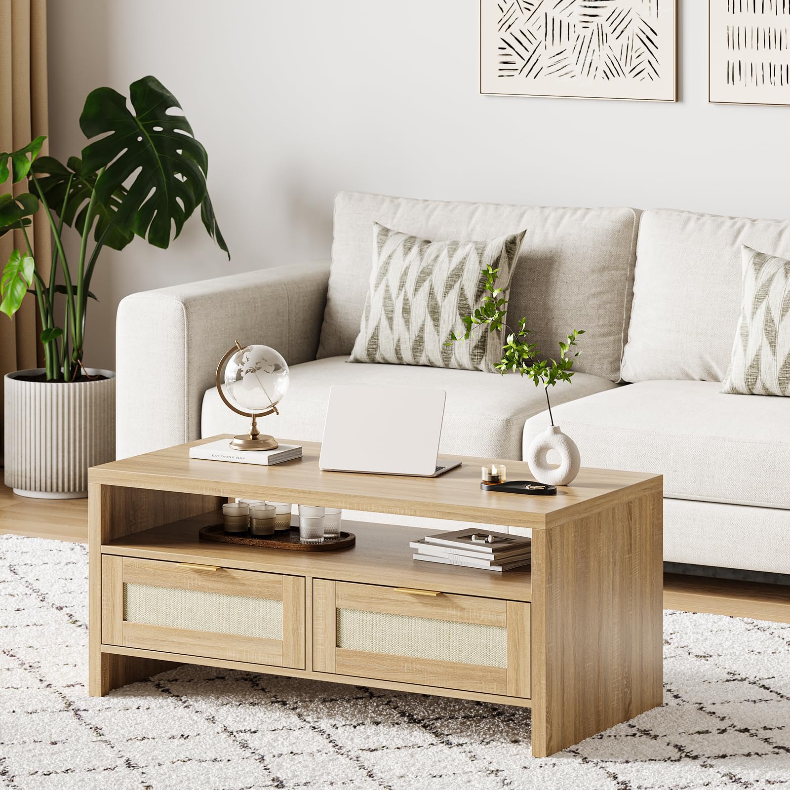 Table basse en rotin moderne avec 2 tiroirs et plateau en bois massif