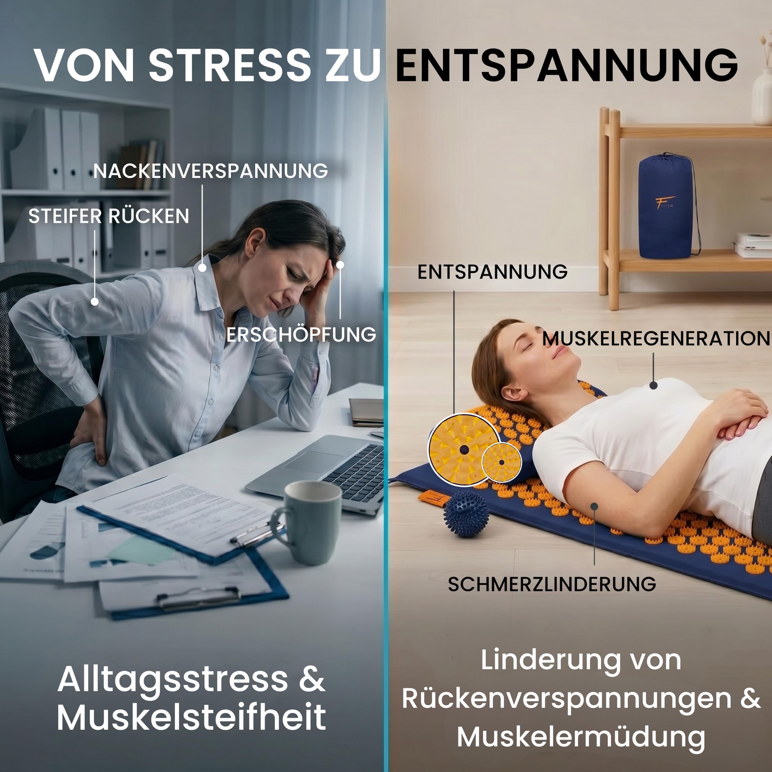 Fitem Akupressur-Set mit Matte, Kissen, Tasche und Massageball, lindert Rücken- und Nackenschmerzen, fördert Muskelentspannung, Massage, Entspannung und Wohlbefinden zu Hause
