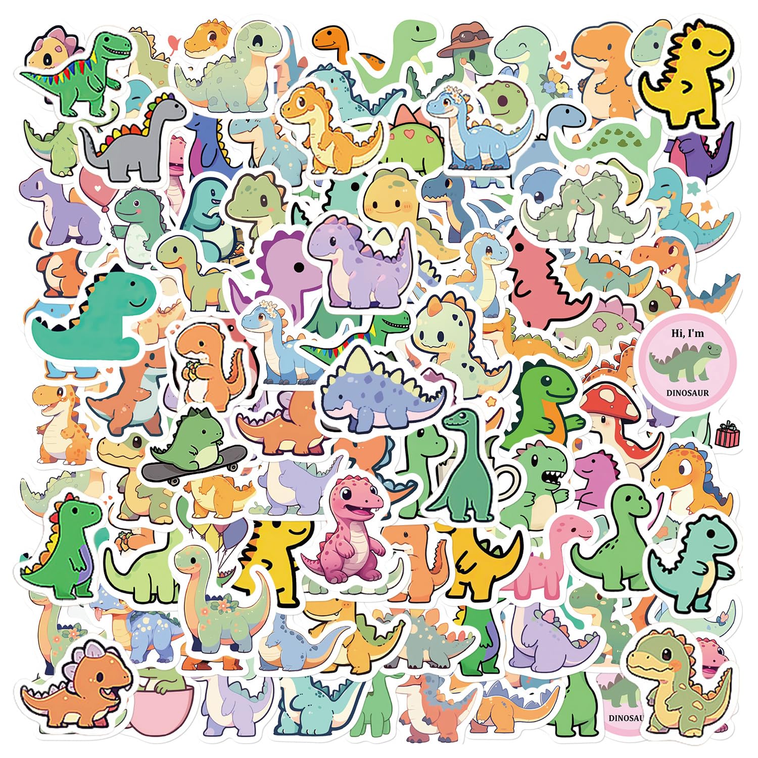 WUFGWBD 100 Multicolor Cartoon Dinosaur Stickers, PVC Material, Suitable for Decorating Notebooks, Water Bottles, Luggage & Hand-Making