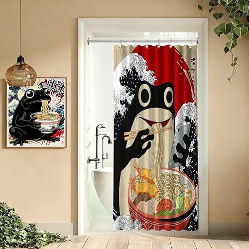 Miniatura 14 de Divertida cortina de ducha con diseño de gato japonés para juegos de decoración de baño, tela de tela impermeable con ganchos, 70 x 72 pulgadas