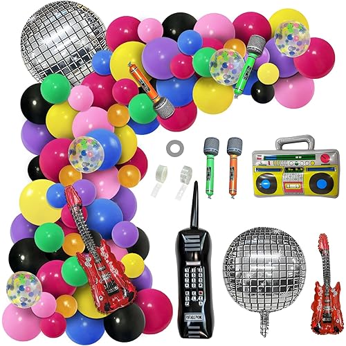 126pcs 80s 90s Theme Party Decorations, Balloon Garland Kit, 6pcs Inflatable Disco Ball Retro Mobile Phone Guitar Microphone Radio Boom Box Balloons, for Back to 80s 90s Hip Hop Party Supplies