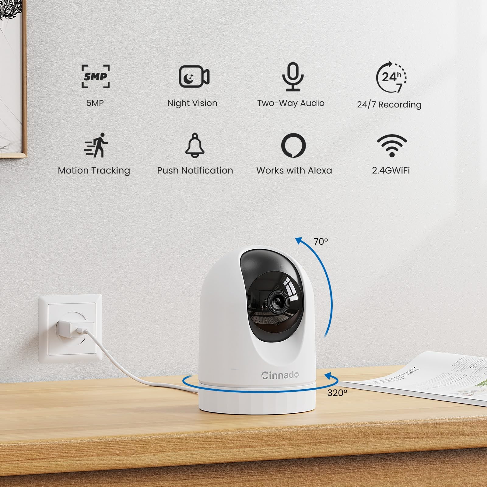 Cinnado Camara Vigilancia WiFi Interior - 2K Cámara Perros y Bebe con Seguimiento de Movimiento, Camaras Domicilio WiFi IP 360°, Visión Nocturna, 24/7 Grabación, Compatible con Alexa - 3