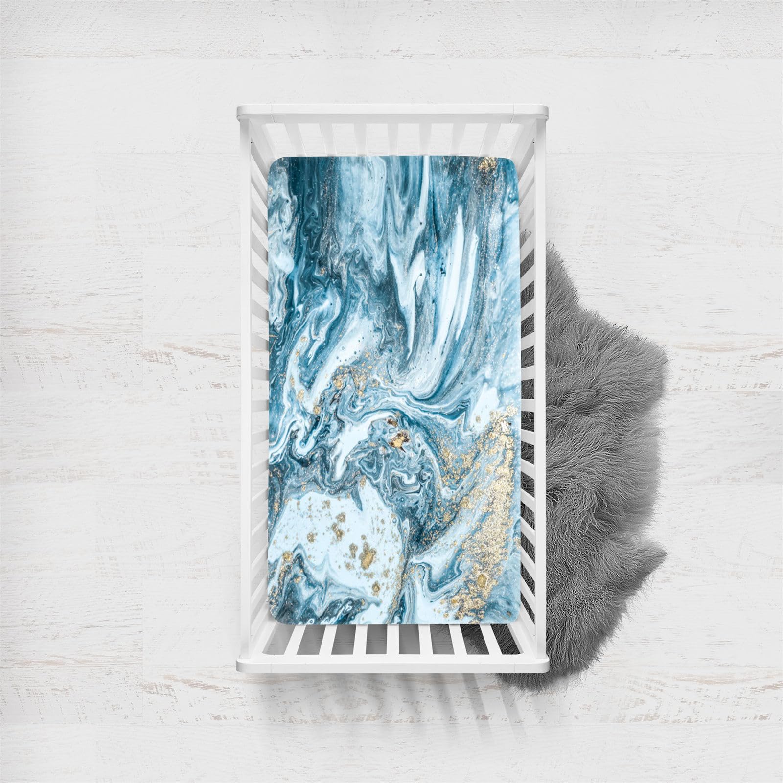Odot Cot Bed Fitted Sheets, Stone Grain Marble 3D Print Moses Basket Fitted Sheet Microfibre Crib Fitted Sheets Baby Bed Sheets Bassinet Sheets Cot Bed Mattress Protector (Gray Blue,80x160cm)