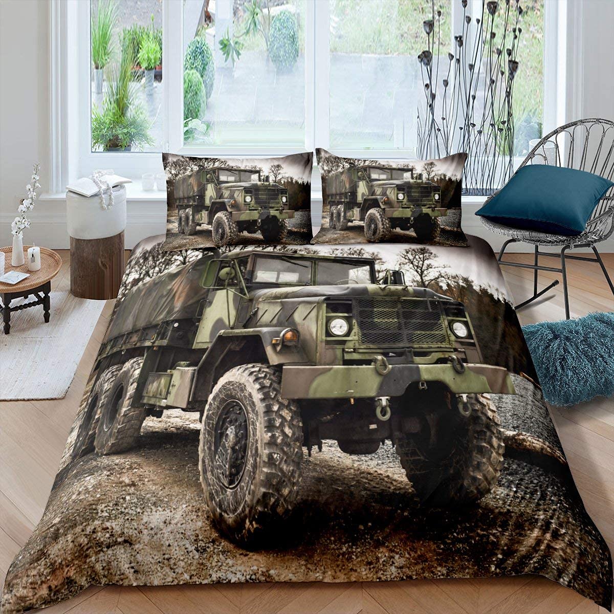 Military Truck Duvet Cover Camouflage Car Bedding Set For Kids Teen Boys Young Man Army Troop Transport Truck Comforter Cover 3D Print Vehicle Bedclothes Green Bed Decor With 2 Pillow Cases Double