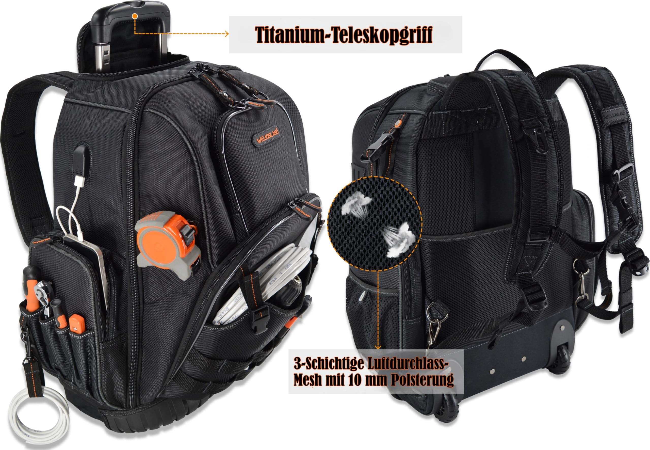 WELKINLAND 72 Taschen Roll-Werkzeug-Rucksack, große Werkzeugtasche mit Rollen, elektrische Tasche mit Rollen für Herren