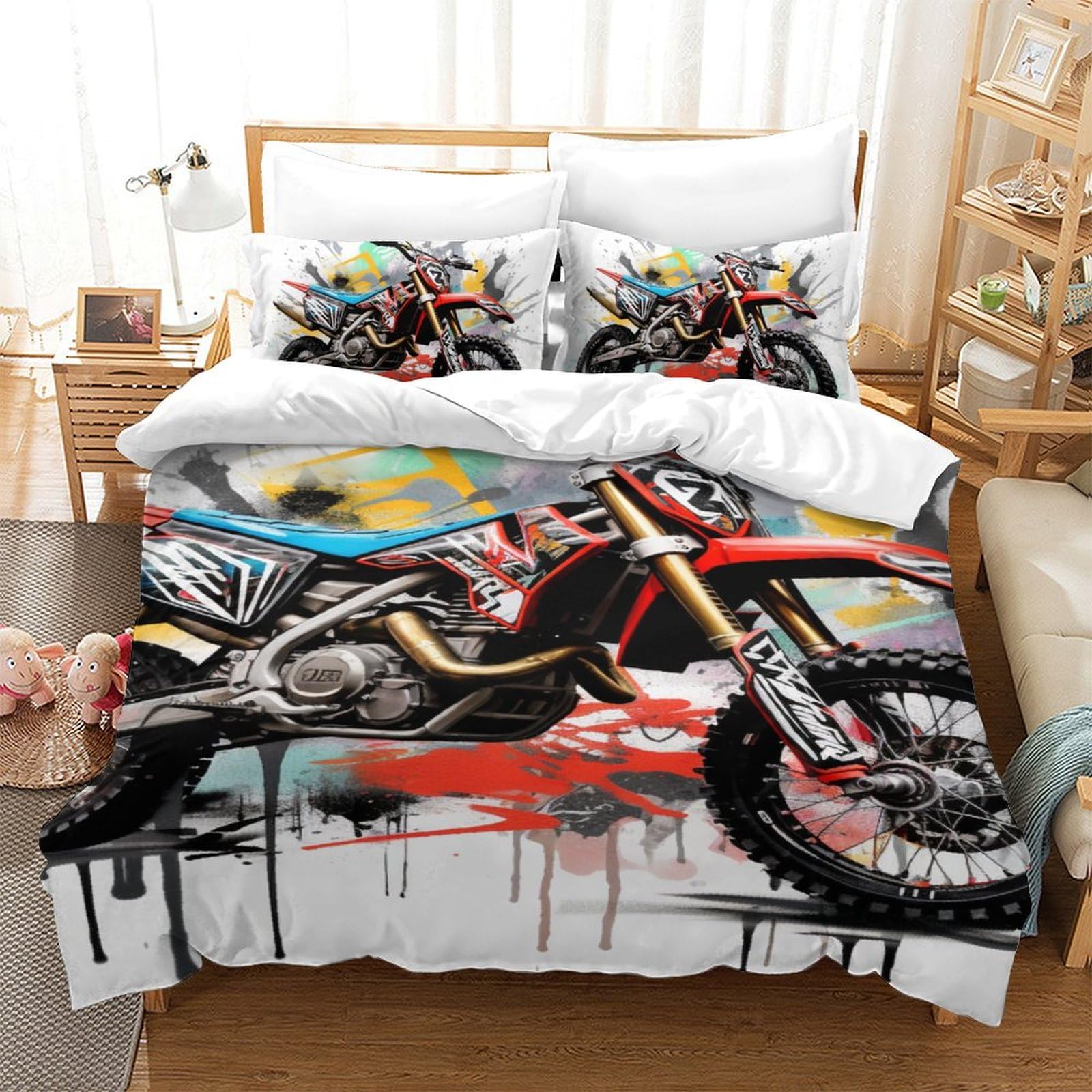 Zestaw pościeli 3D dla dzieci Dorośli 3 sztuki, poszwa na poduszkę z mikrofibry i zamek błyskawiczny Motocross Wyścigi Rower Pojedynczy (140 x 200 cm)