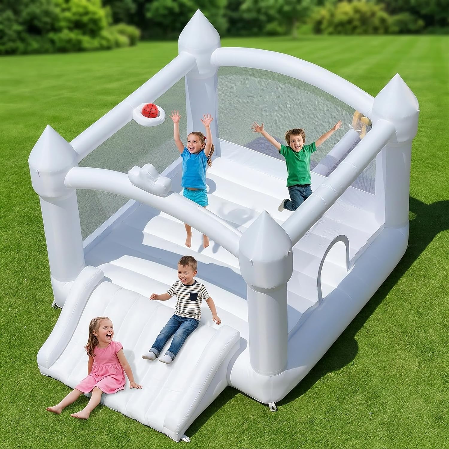 Castello Gonfiabile Bianco per Bambini con Scivolo,Canestro da Basket per Interno Esterno