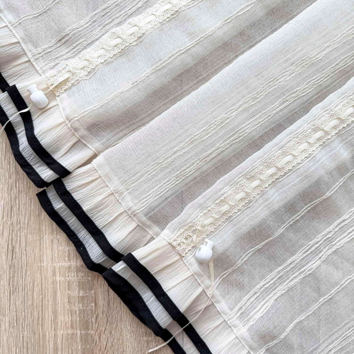 Gxi Beige Striped Balloon Curtain Tie Up Sheer Ruffle Curtain with Black Piping Trimfor Kitchen Bathroom Rod Pocket Farmhouse Linen Voile Valance for Living Room Small Window 1 Panel W59 x L47 inch