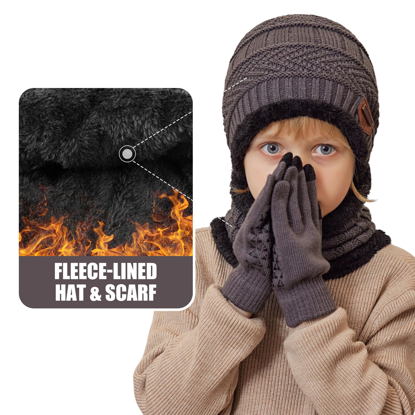 Gorro Invierno Niños Niñas Conjunto de Gorro Bufanda y Guantes Niño, Cálido Gorro de Punto Bufanda con Forro Polar Guantes con Pantalla Táctil para Niño Niña de 5 a 10 Años