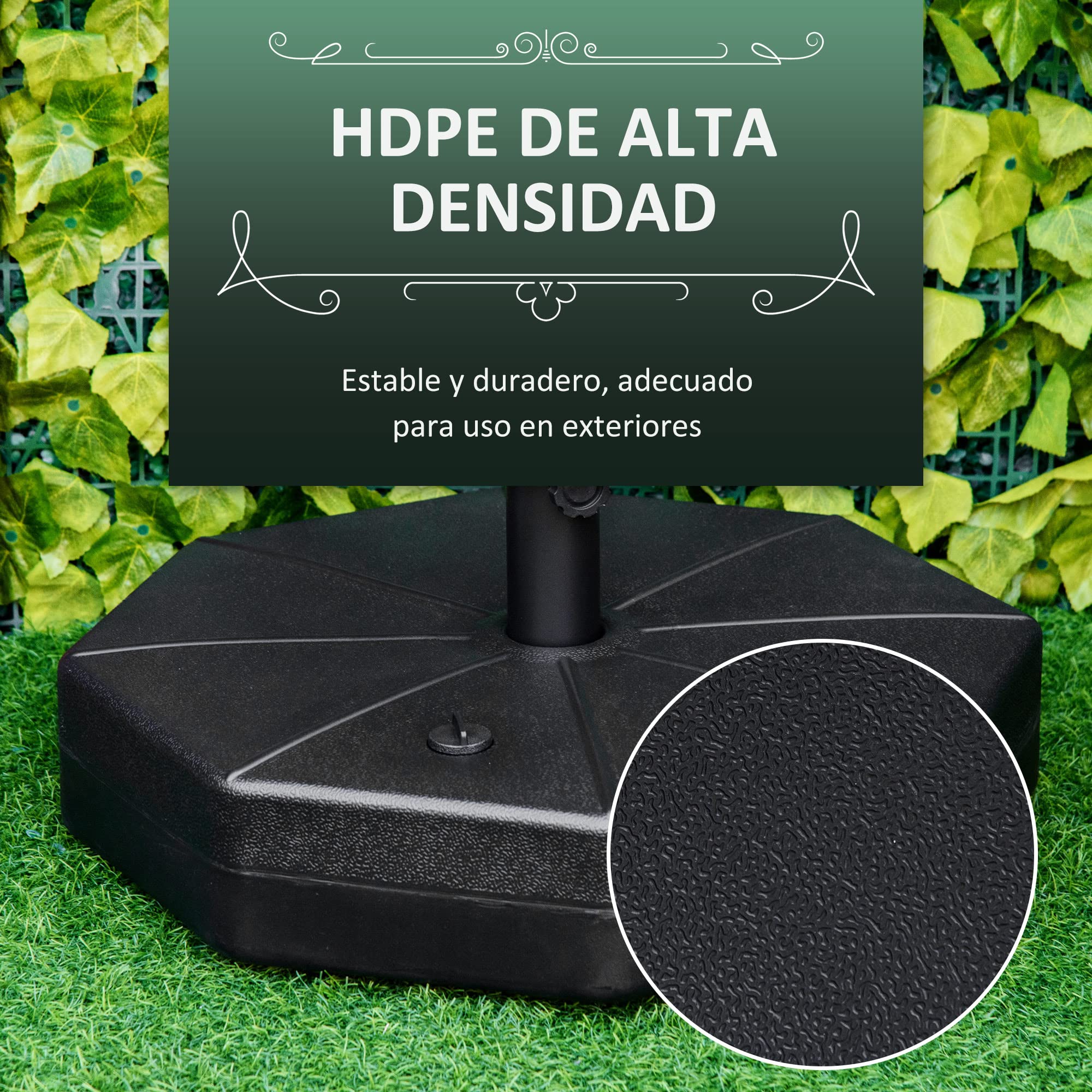 Outsunny Base para Sombrillas Rellenable de Agua 28 kg o Arena 40 kg Soporte de Parasol Octagonal Apto para Postes de 38mm 48 mm para Jardín Terraza Ø60x36 cm Negro
