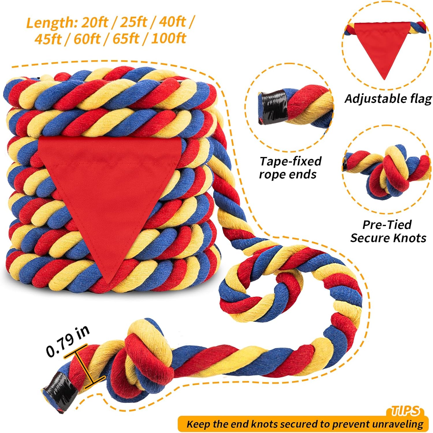 Tug of War Rope for Kids & Adults - 20ft Soft Cotton Outdoor Pulling Rope with Flag for Team Building Activities Field Day Family Reunions Birthday Parties Camping Games