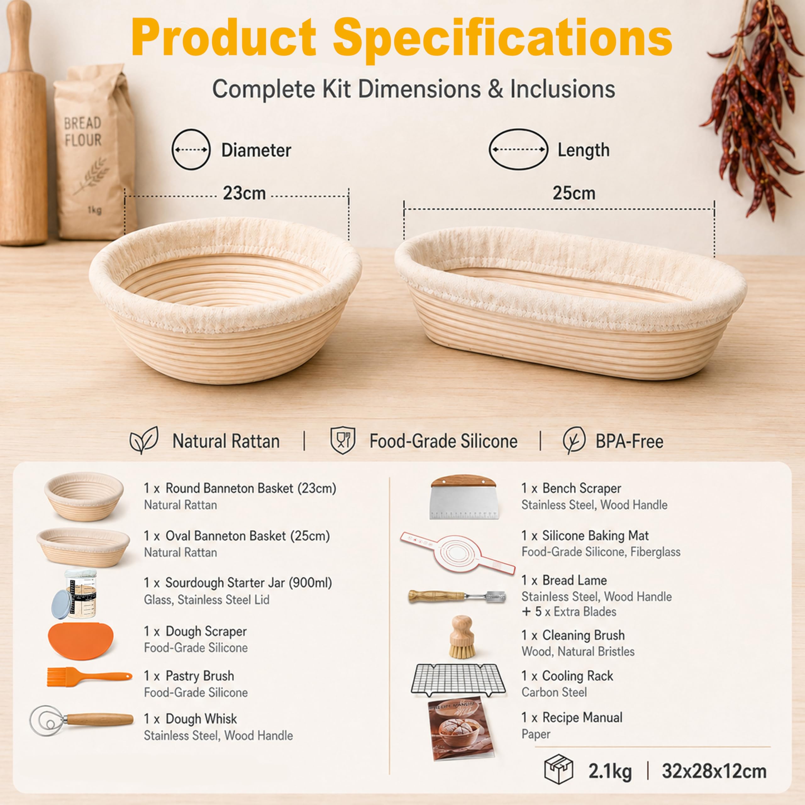 Cesta de Fermentación para Pan 25cm Ovalado & 23cm Redonda, 14 Piezas Kit Completo de Panadero, Banetones de Caña Natural, Cesta para Pan de Masa Madre para Principiantes y Experimentados