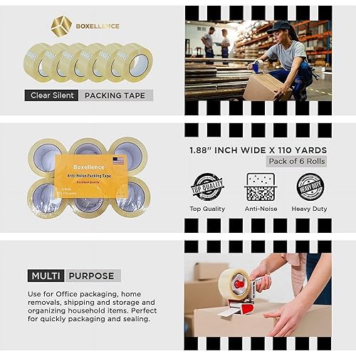 Miniatura 2 de Cinta de embalaje silenciosa transparente de 1.88 pulgadas de ancho x 110 yardas, cinta de embalaje industrial resistente y silenciosa para embalaje