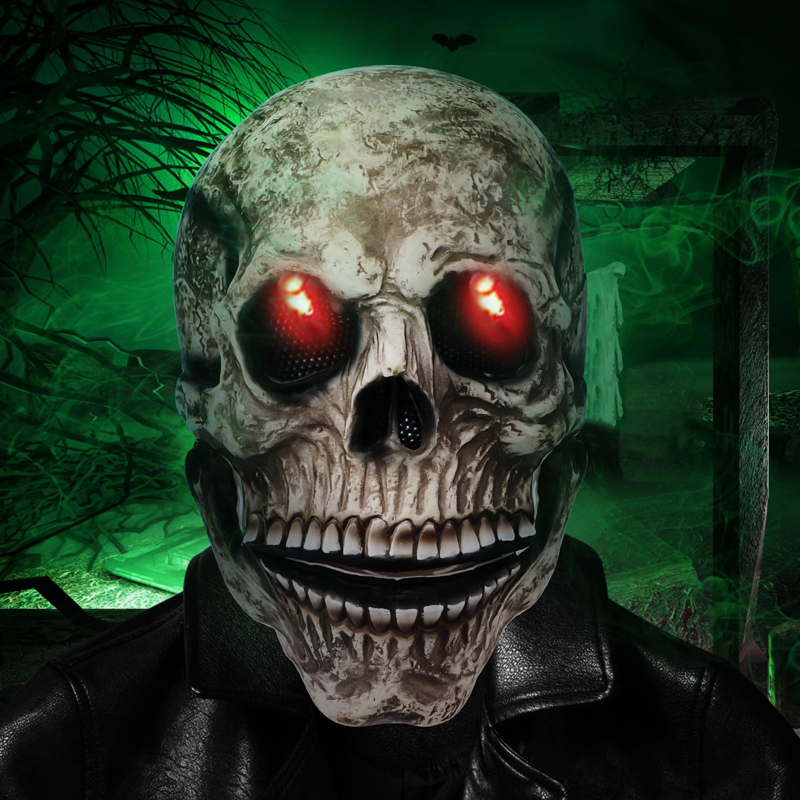 Byffoer Realistic Halloween Skull Mask with Movable Jaw and Luminous Eyes for Adults, Brown