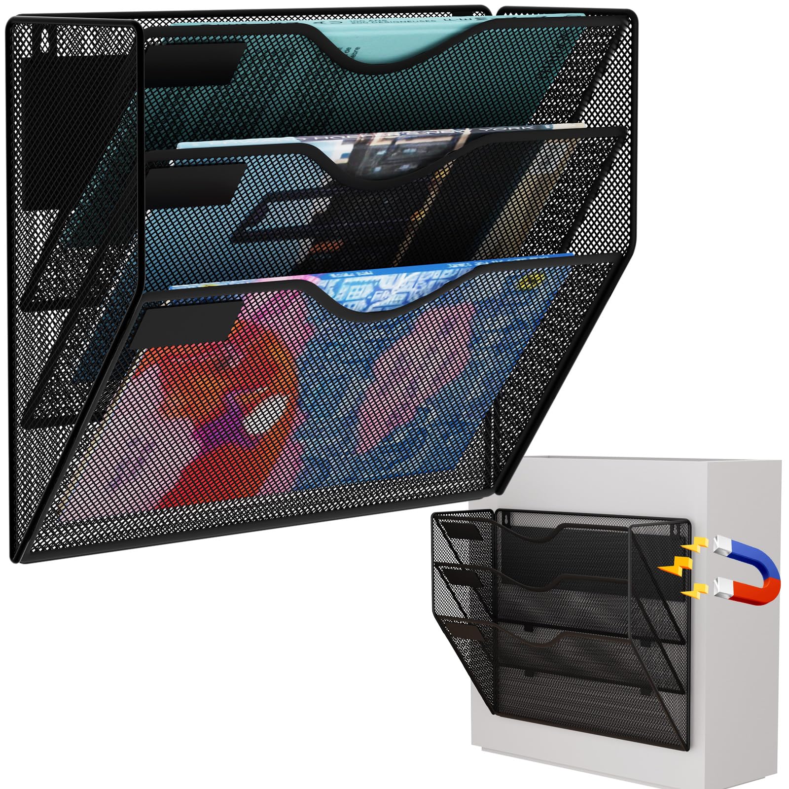 3-Tier Magnetic File Holder, No Drilling Wall File Organizer, File Folder Bins, Mail &amp; Magazine Rack, Magnetic Paper Document Holder for Refrigerator File Cabinets Whiteboard, Black