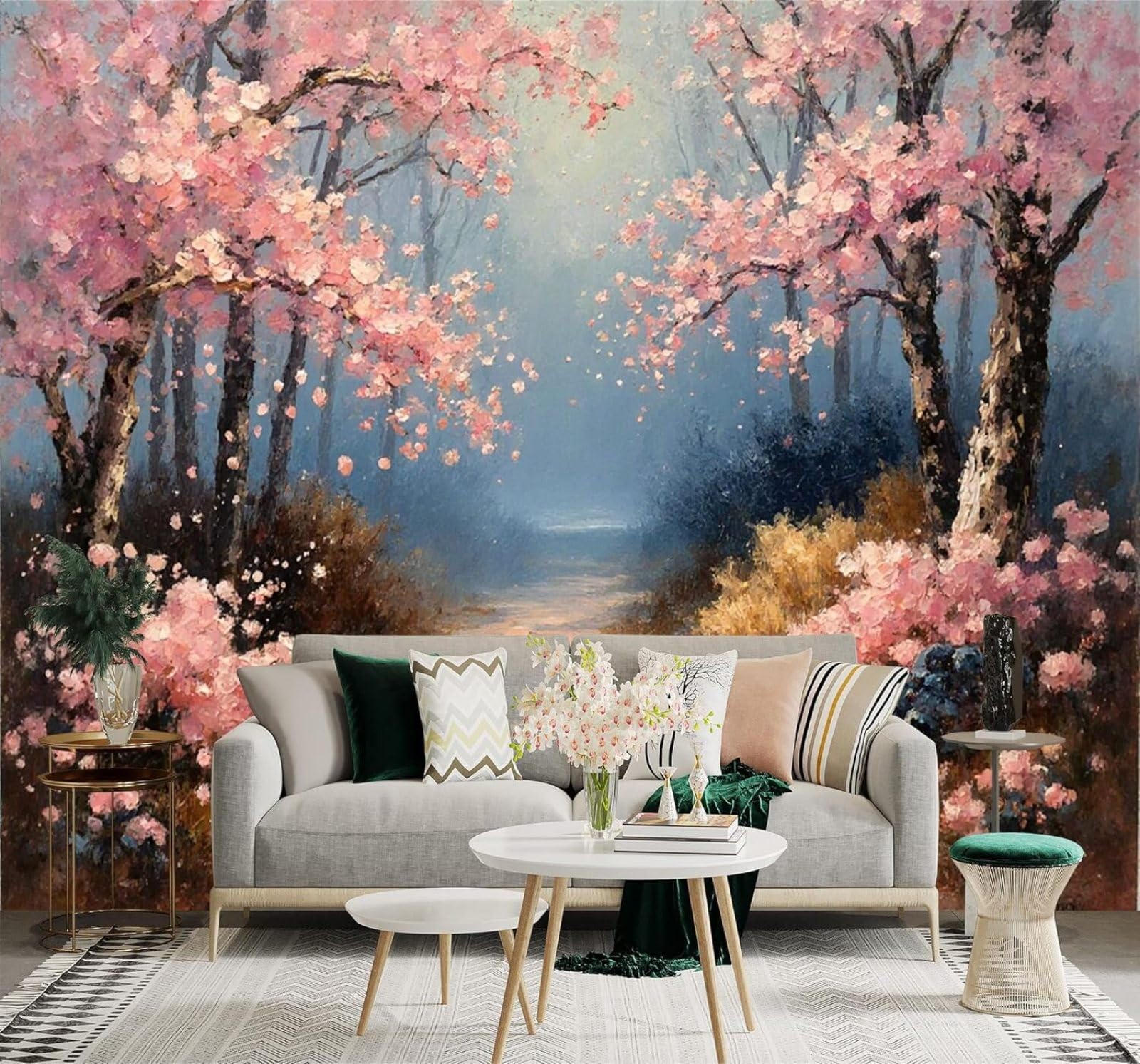 XLMING Beautiful Hand Drawn Cherry Blossoms Path Misty Forest Scenery 3D Wallpaper Premium Textured Silk Study Dining Living Room Bedroom Sofa TV Wall Easy Install-400cm×280cm