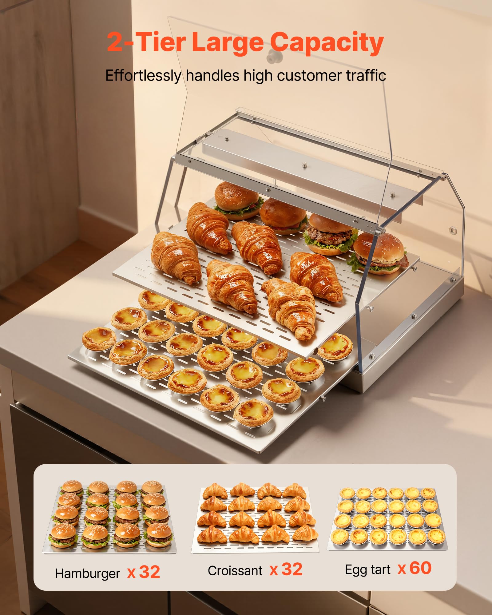 VEVOR Scaldavivande commerciale a 2 livelli, scaldavivande da 450 W con luce, ripiani staccabili e design a doppia porta, riscaldamento ad aria da 29,4 °C a 185 °C, 48 litri per hamburger, pizza, pane