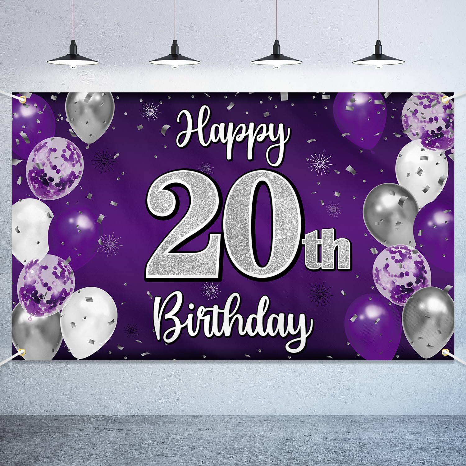 Nelbiirth Happy 20th Birthday Decorations,20th Purple & Silver Large Birthday Banner Backdrop Sign,Cheers to Twenty Years Old Bday Party Supplies.