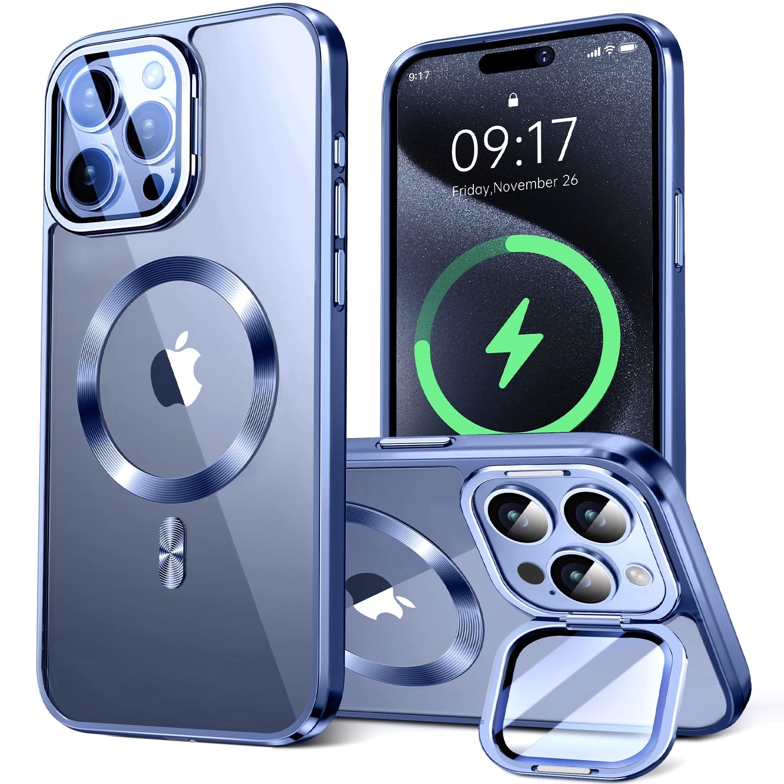 [Stand and Charge,Both at Once] Magnetic for iPhone 15 Pro Max Case with Camera Kickstand [Compatible with Magsafe]Camera Protection, Military Drop Tested Plating Bumper, CD Ring,Slim Clear Cover-Blue