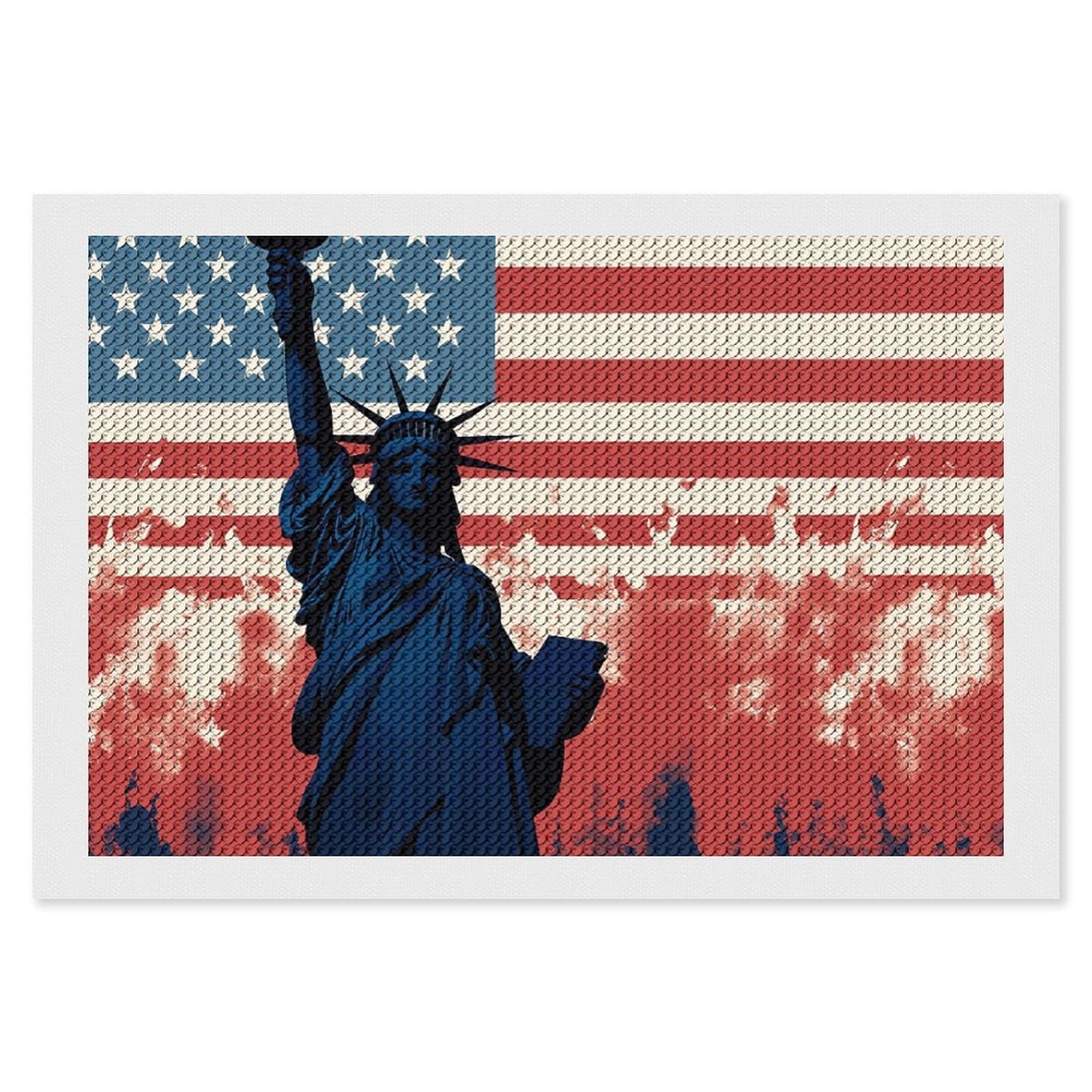 Diamond Painting Kits for Adults - DIY Diamond Art Kits for Beginners - Full 5D Paint Drill Diamond Dots Paintings- Flag with Silhouette of Lady Liberty Diamonds Pictures Gem Art And Craft Wall Decor