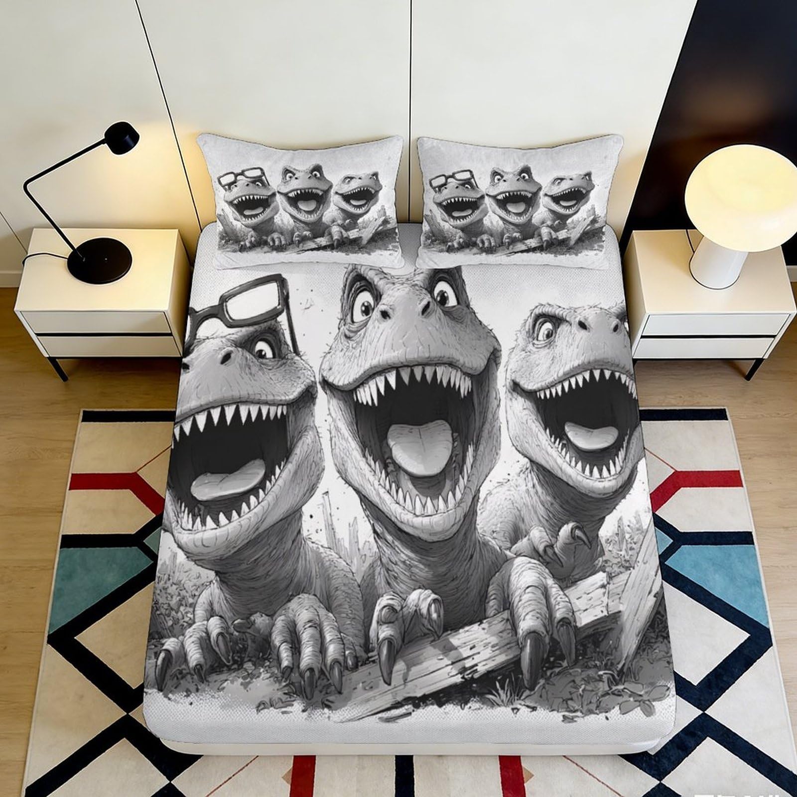 Pnayamiorkfel Style-3 3D Printed Dinosaur Cartoon Fitted Sheet Microfiber Soft Fun Black White Bed Cover For Bedroom Guest Room Decor 90X200x25cm