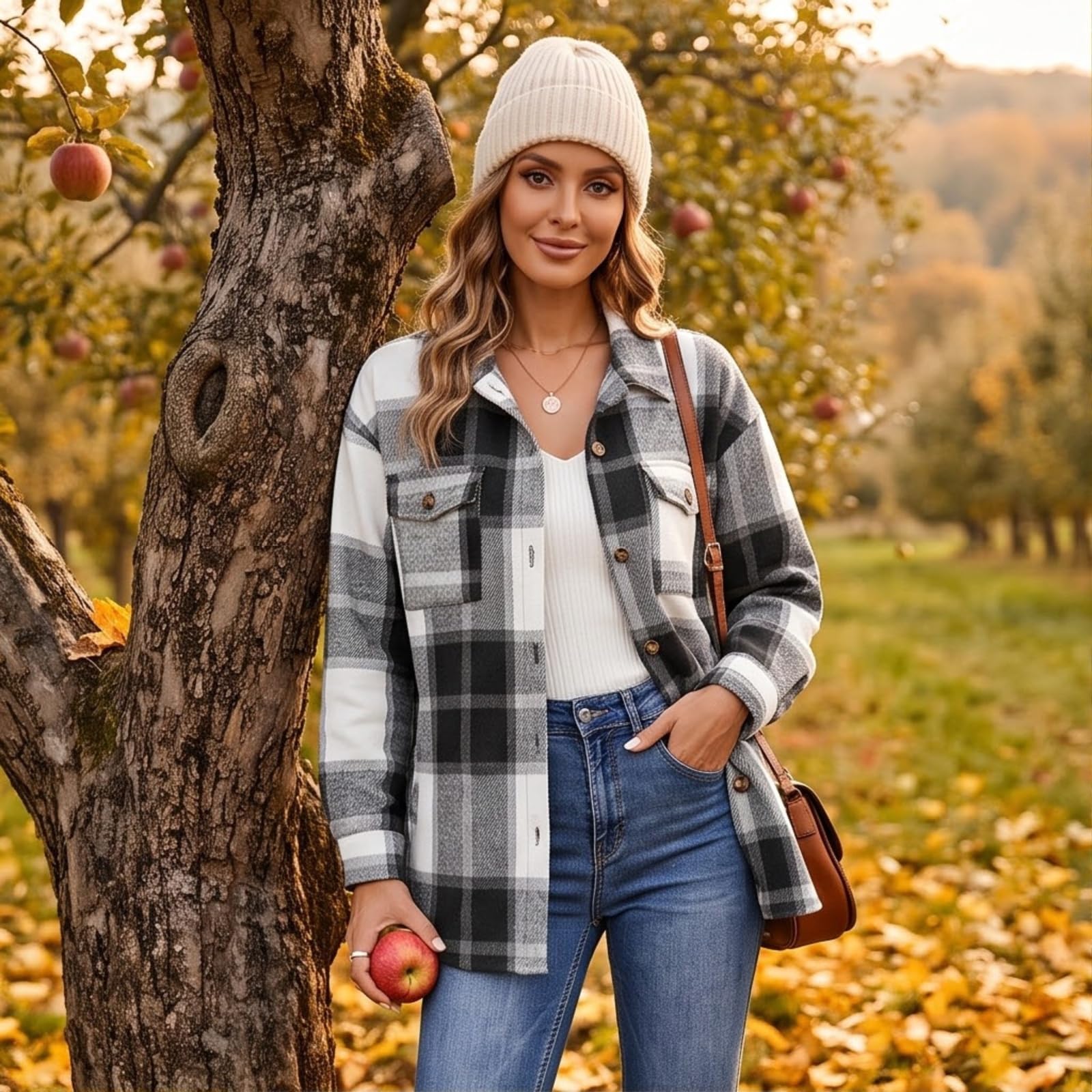 Hemdjacke Damen Kariert Lang Jacke Flanell Bluse Button-Down Jacket
