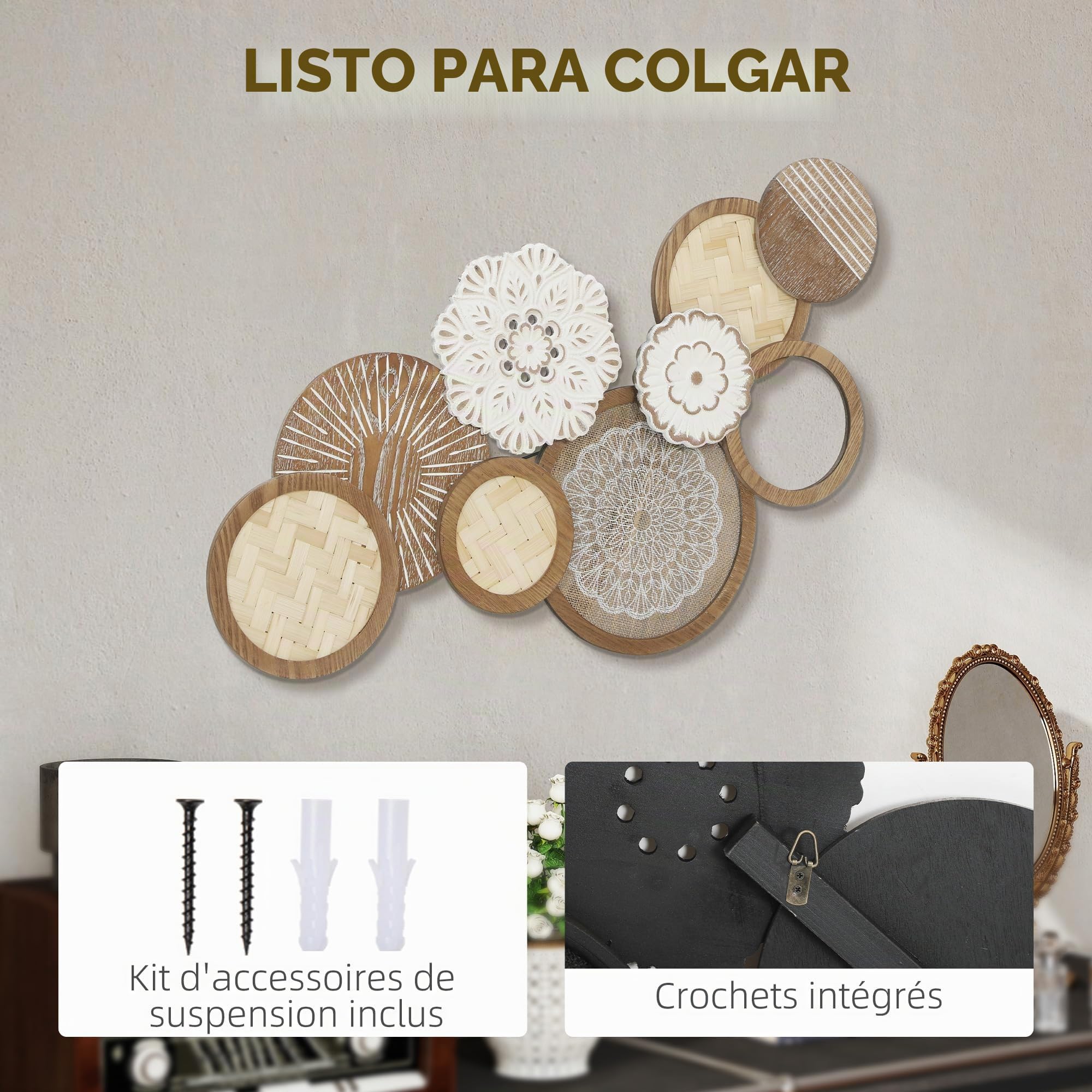 HOMCOM Decoración de Pared Moderna de Madera 83,8x44,5 cm Madera Natural | Escultura de Pared Geométrica, Diseño Único Multi-Disco, Decoración Colgante, Sala de Estar, Dormitorio, Oficina