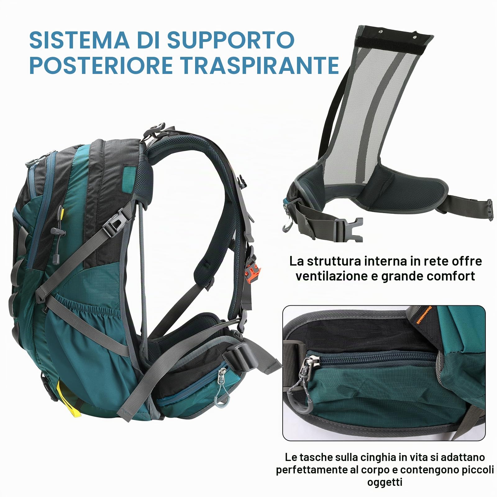 Zaino da trekking con telaio interno con supporto posteriore traspirante per uomo e donna, piccolo zaino da campeggio con copertura antipioggia, verde