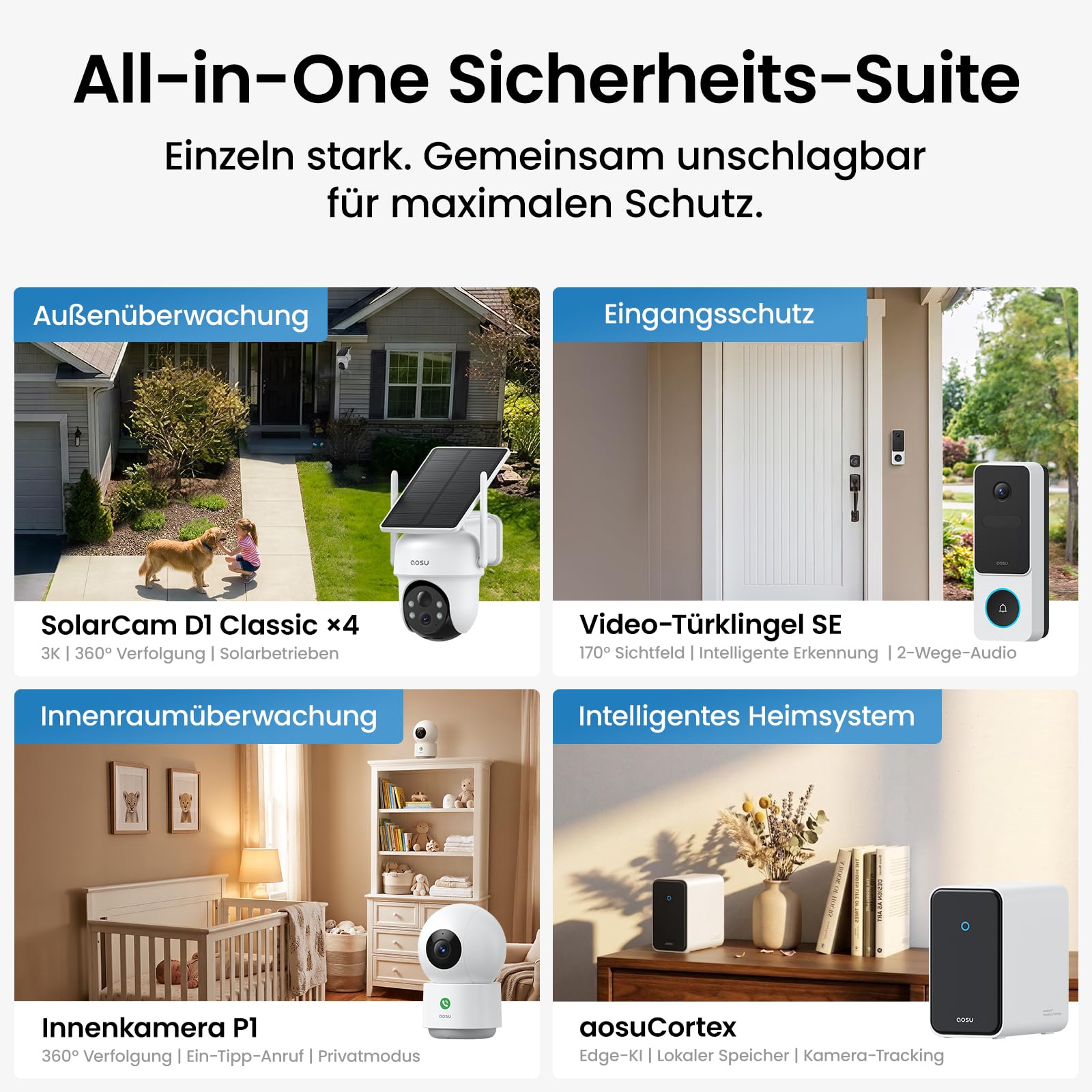 aosu 3K Solar Überwachungskamera Aussen Set mit 2K Video-Türklingel | Mit Indoor Kamera, 360° Rundumschutz, KI-Erkennung, Kamera-Tracking, Farb-Nachtsicht, 32GB Speicher bis 16TB, IP65 Wetterfest