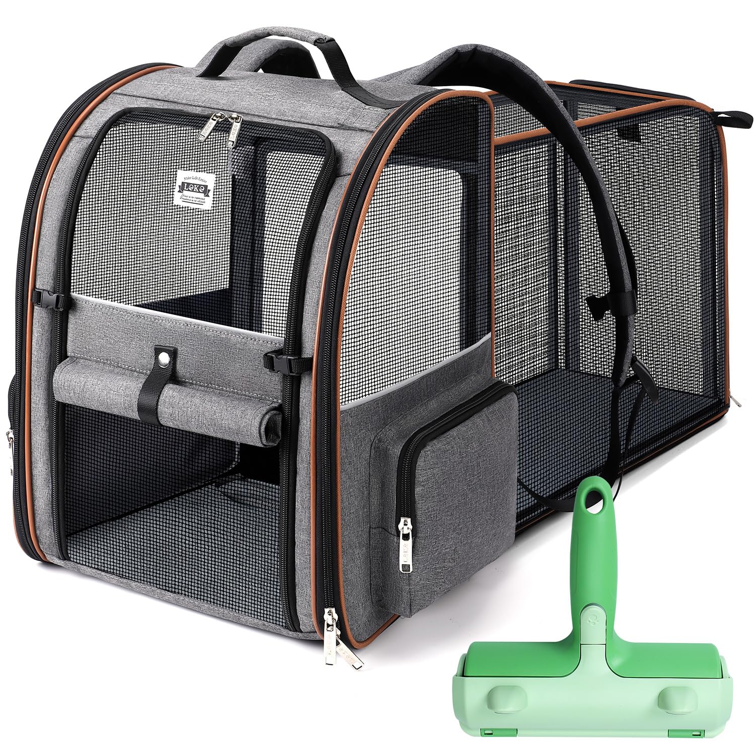 Lekebobor Large Cat Backpack Carrier Expandable Pet Carrier Backpack for Small Dogs Medium Cats Fit Up to 18 Lbs, Dog Backpack Carrier for Travel, Hiking,Grey with Pet Hair Remover Roller