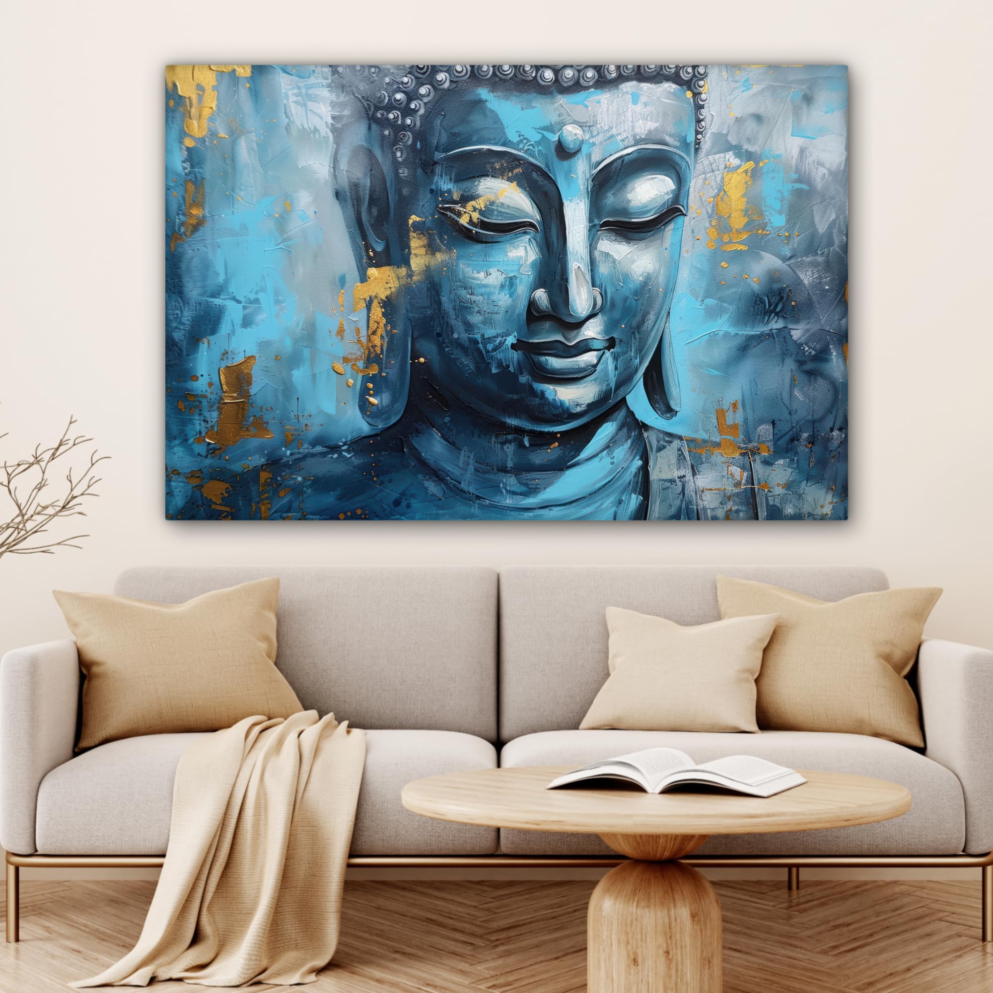 MuchoWow© Leinwand Bilder Groß 120x80 cm XXL Wanddeko Wohnzimmer Aesthetic Room Decor Deko Zimmer Wandbilder Modern Bild auf Leinwand Buddha - Zen - Blau - Gold - Luxus - Kunst