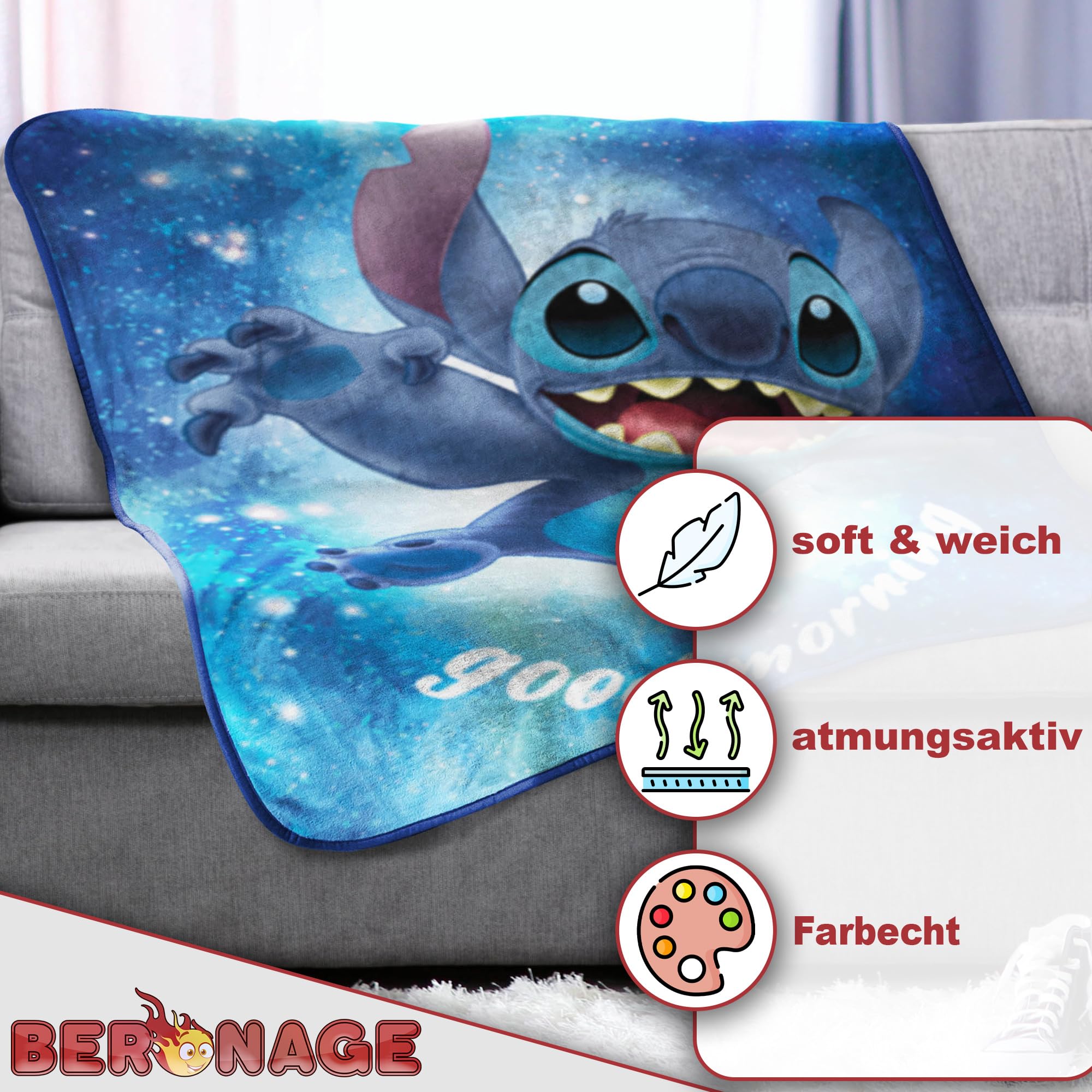BERONAGE Disney Lilo & Stitch Out of The World - Coperta morbida in 100% poliestere, 150 x 200 cm, in flanella, per bambini, adulti, motivo: anime
