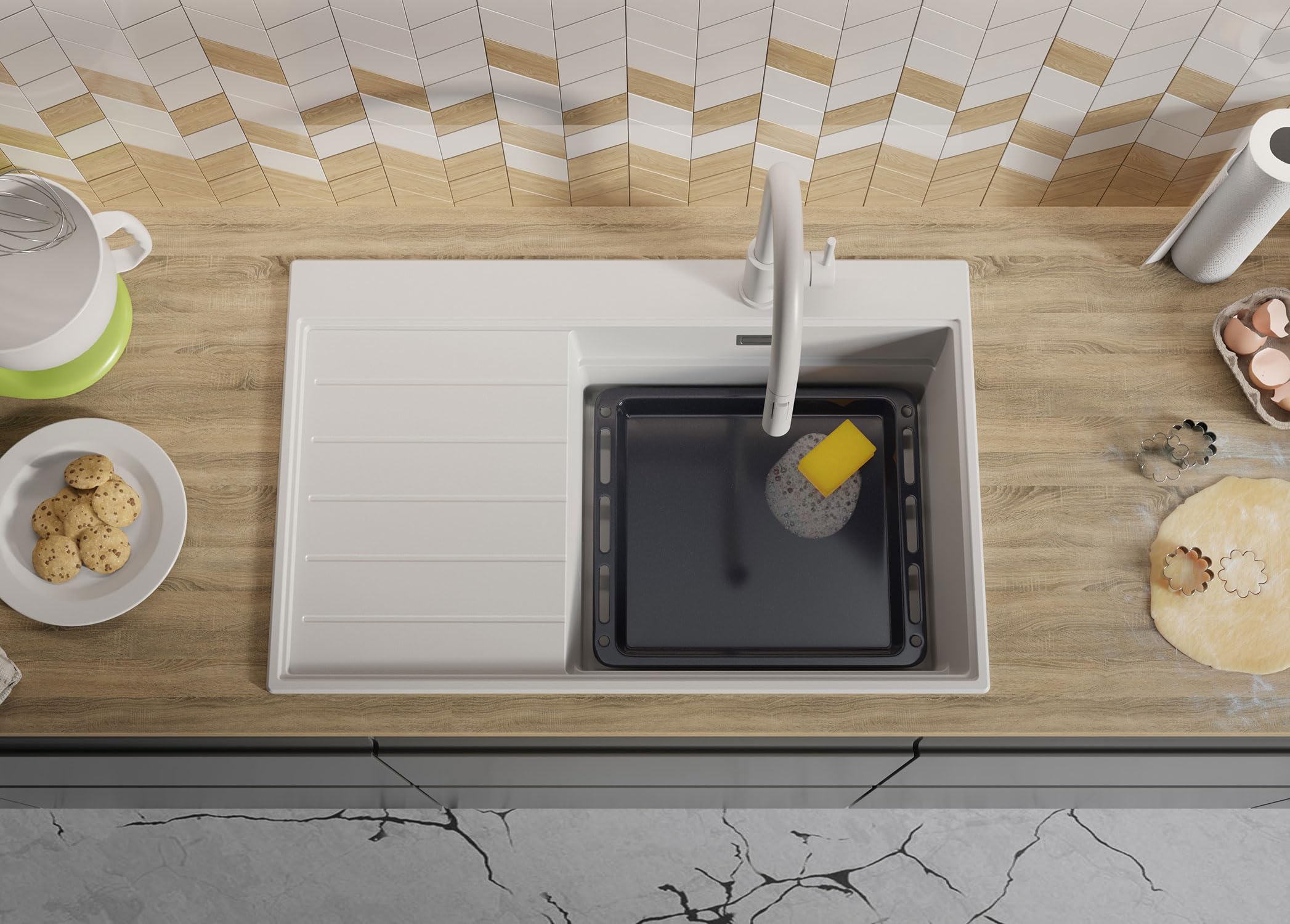 PRIMAGRAN Evier Cuisine en Granit Blanc 78x50cm, Lavabo 1 bac + Kit de Vidage, Évier à Encastrer au Meuble 50cm - Sydney S293