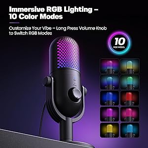 USB Microphone for PC Gaming: Condenser Microphone RGB for Gamer with Stand Mic - Recording Mic for Computer&Laptop with Qiuck Mute - Desk Podcast Mic for Podcast & Singing & Streaming & Youtube Black