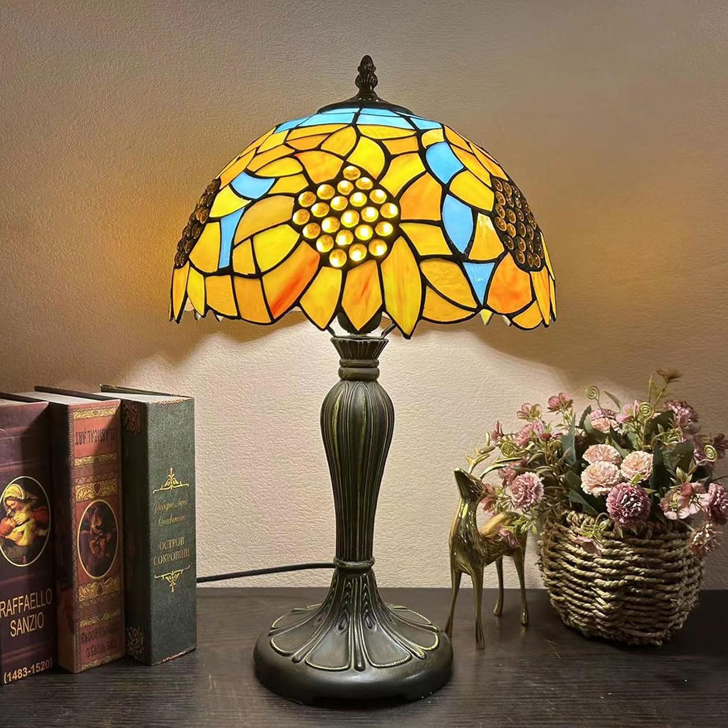Tiffany Lamp Shade Replacement, 12" Stained Glass Sunflower Lampshades, Vintage Orange Yellow Blue Flower Light Cover Only 1-5/8-Inch Fitter Opening for Arched Floor Lamp Torchiere Lamp,Blue