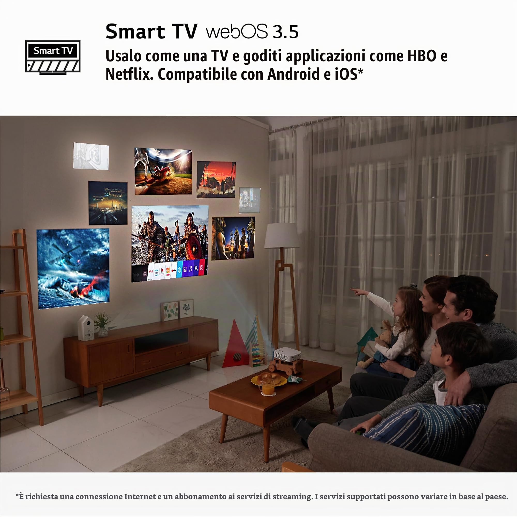 LG PF50KS Mini Proiettore Portatile per Ufficio e Tempo Libero, Risoluzione Full HD 1920x1080, Speaker Integrati, USB, USB-C, HDMI, Wireless, Batteria Integrata 2.5 Ore, 600 ANSI Lumens