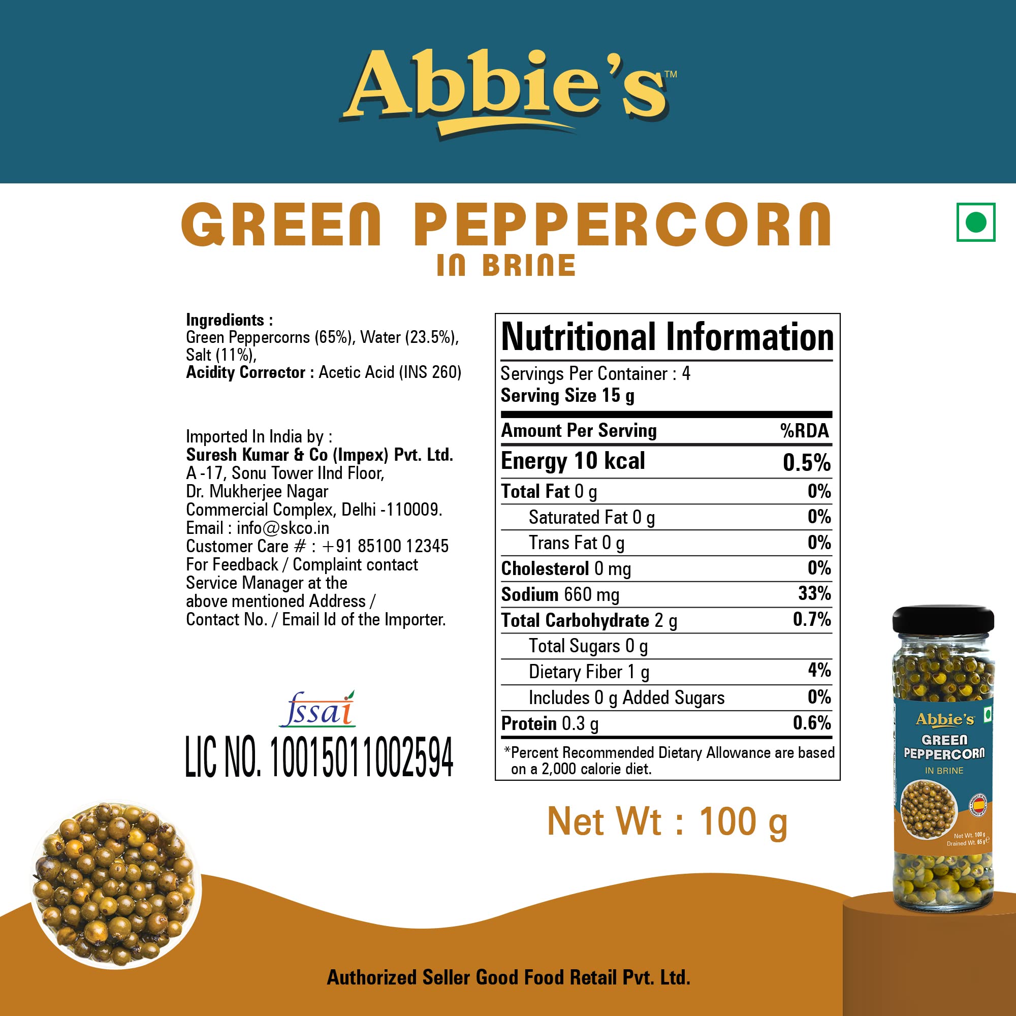 Abbie's Green Peppercorn In Brine 200 g (100 g X 2 units) Product of Spain 1