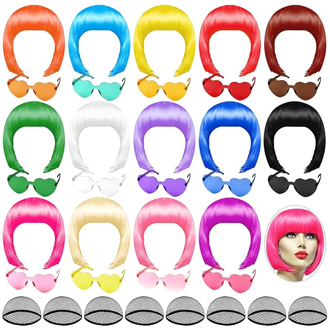 PLULON 28 Pieces Party Wigs and Sunglass Set, Neon Short