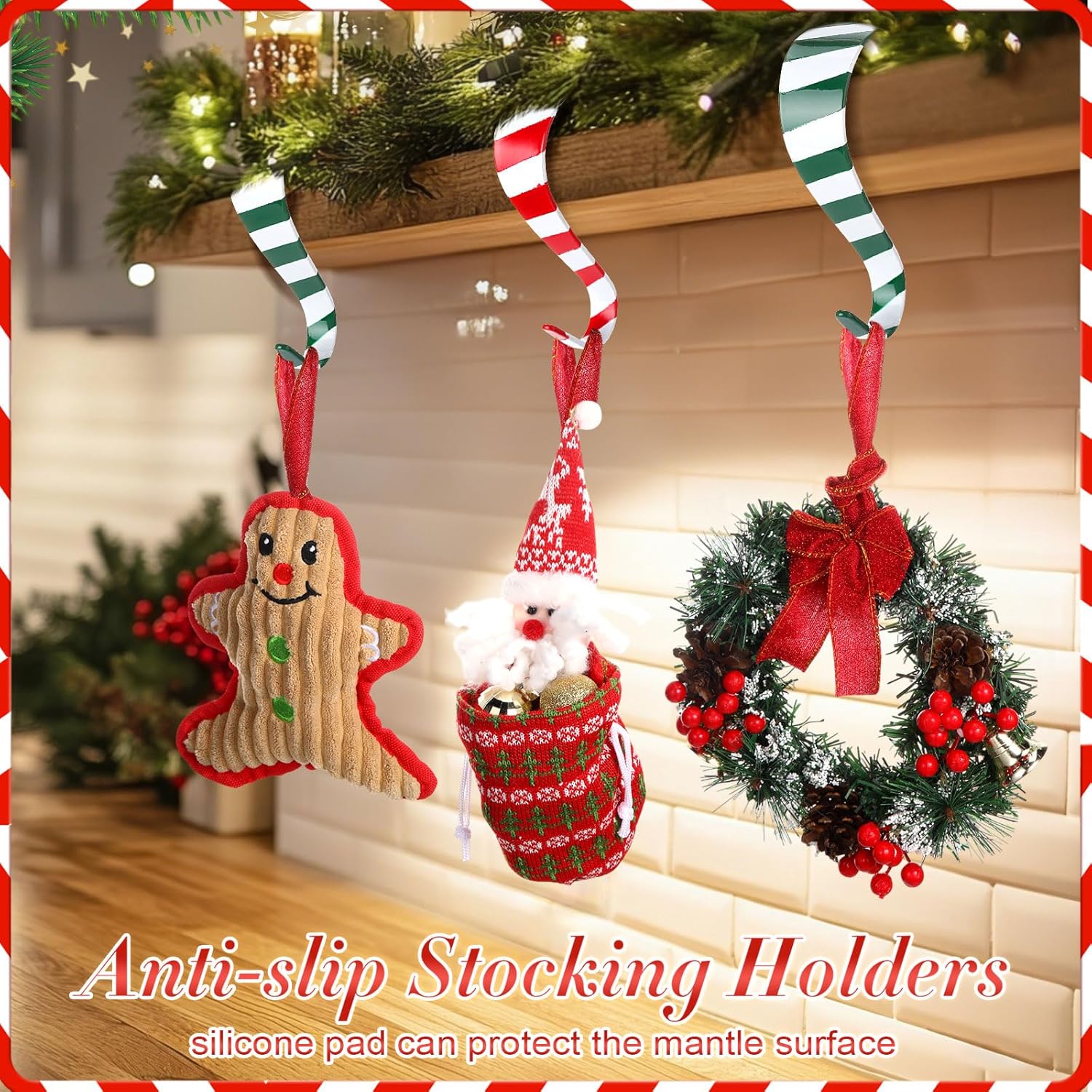 Hicarer Set of 6 Christmas Stocking Hooks for Mantle, Metal Holders for Hanging Stockings, Stocking Hangers for Fireplace for Christmas Decorations (Striped)
